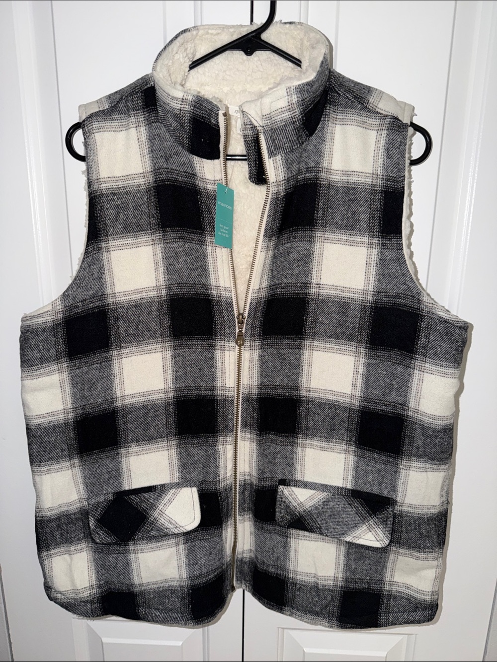 Maurices Black & Cream Plaid Sherpa-Lined Vest